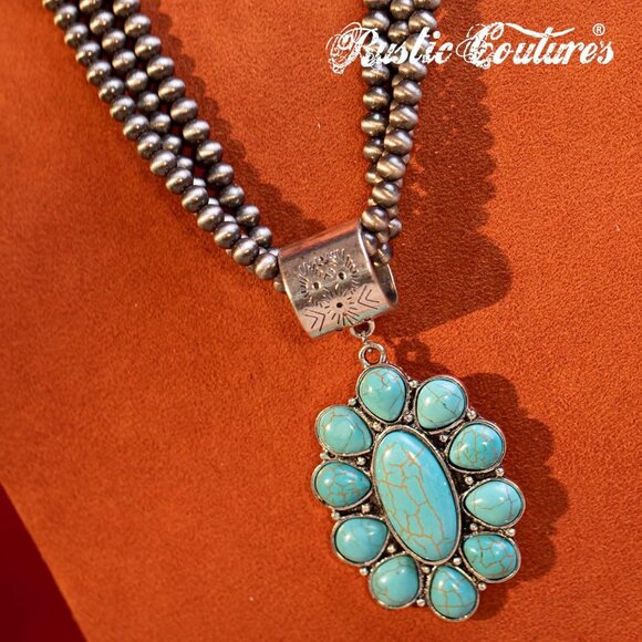 Women's Turquoise 2 Couture Jewelry Set Cowgirl Vintage Western Necklace Earring - Picture 3 of 7